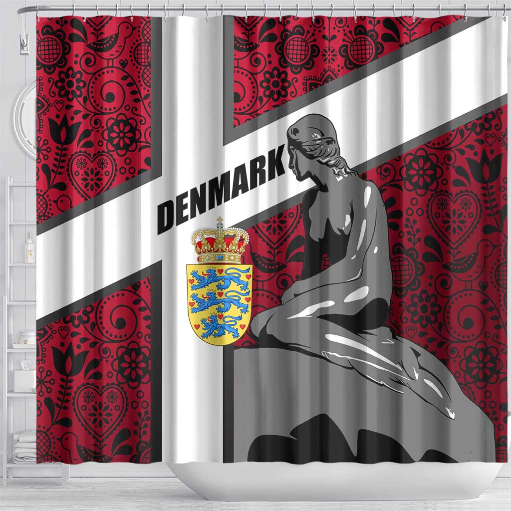 Denmark Shower Curtain with The Little Mermaid Statue, Danish Folk Patterns, National Heritage Pride