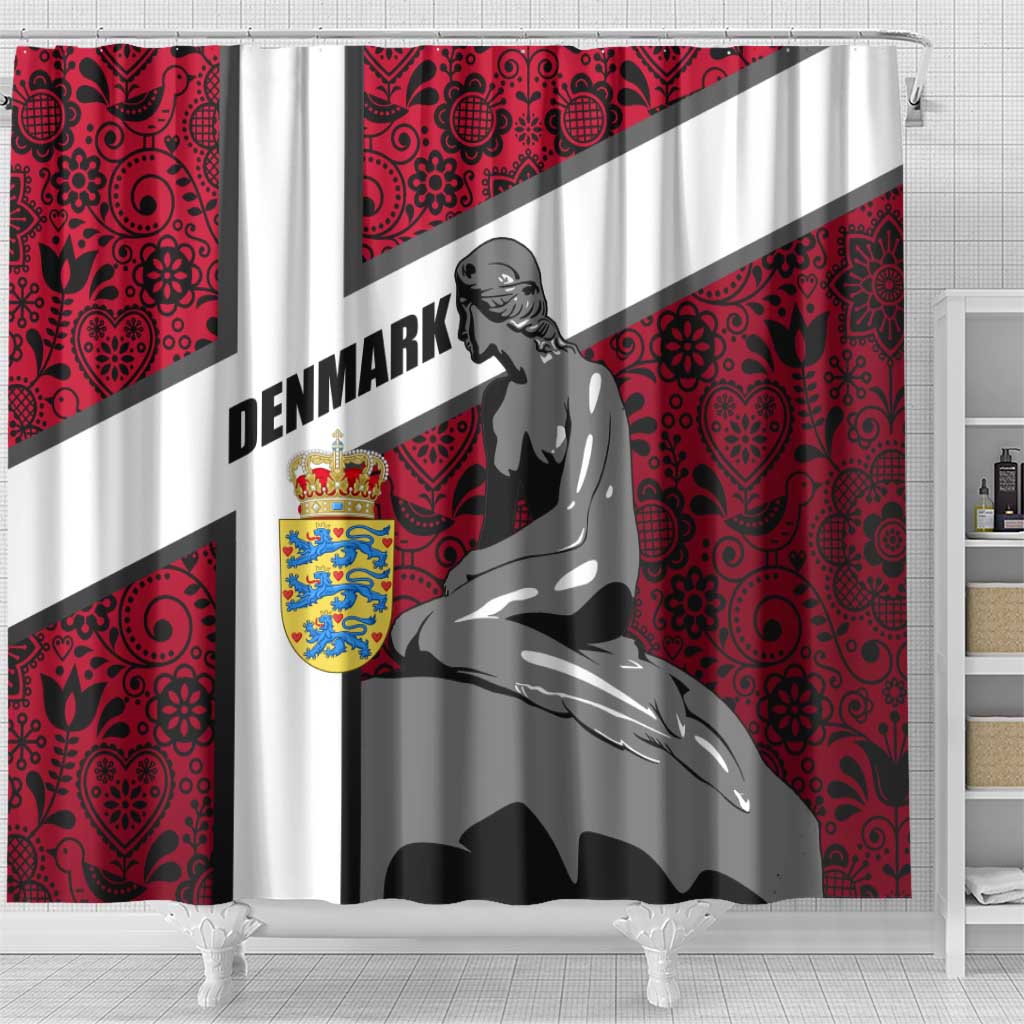 Denmark Shower Curtain with The Little Mermaid Statue, Danish Folk Patterns, National Heritage Pride