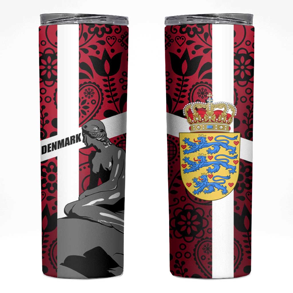 Denmark Skinny Tumbler with The Little Mermaid Statue, Danish Folk Patterns, National Heritage Pride
