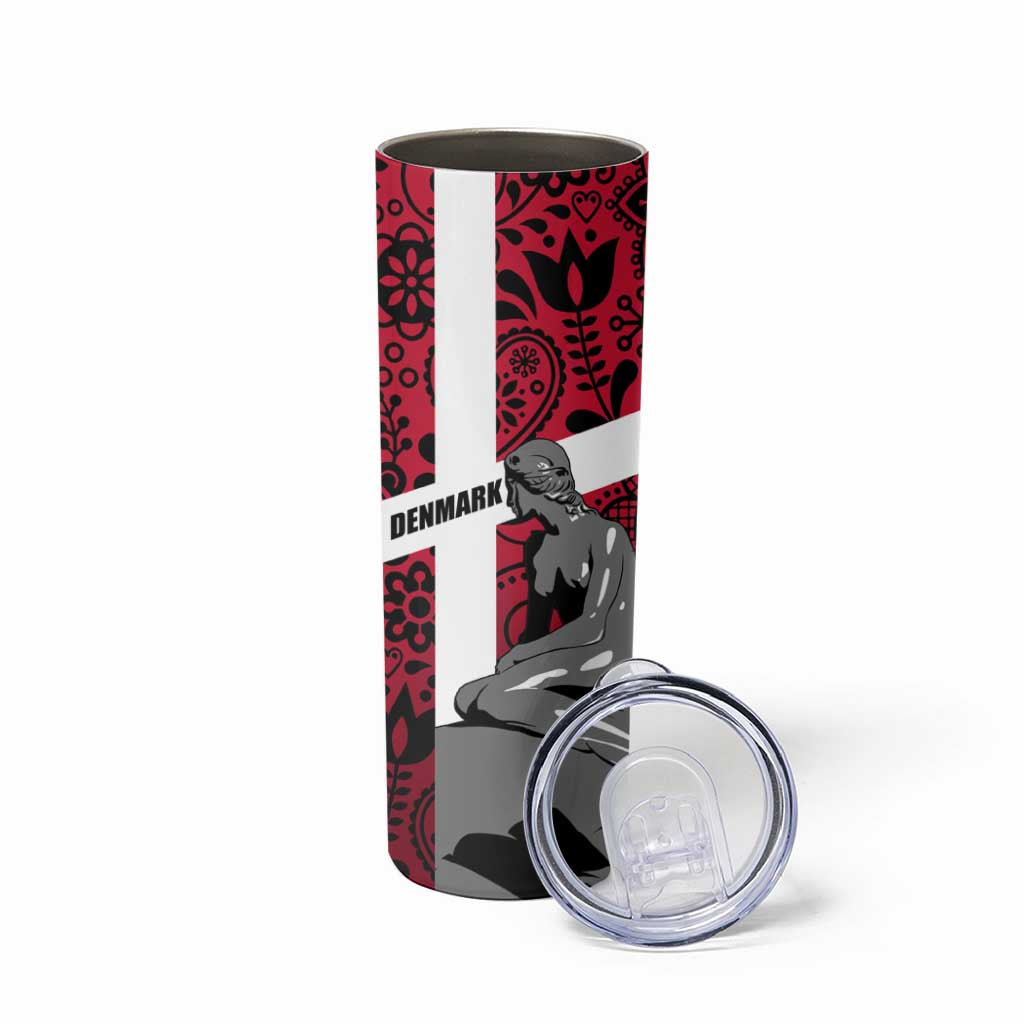 Denmark Skinny Tumbler with The Little Mermaid Statue, Danish Folk Patterns, National Heritage Pride
