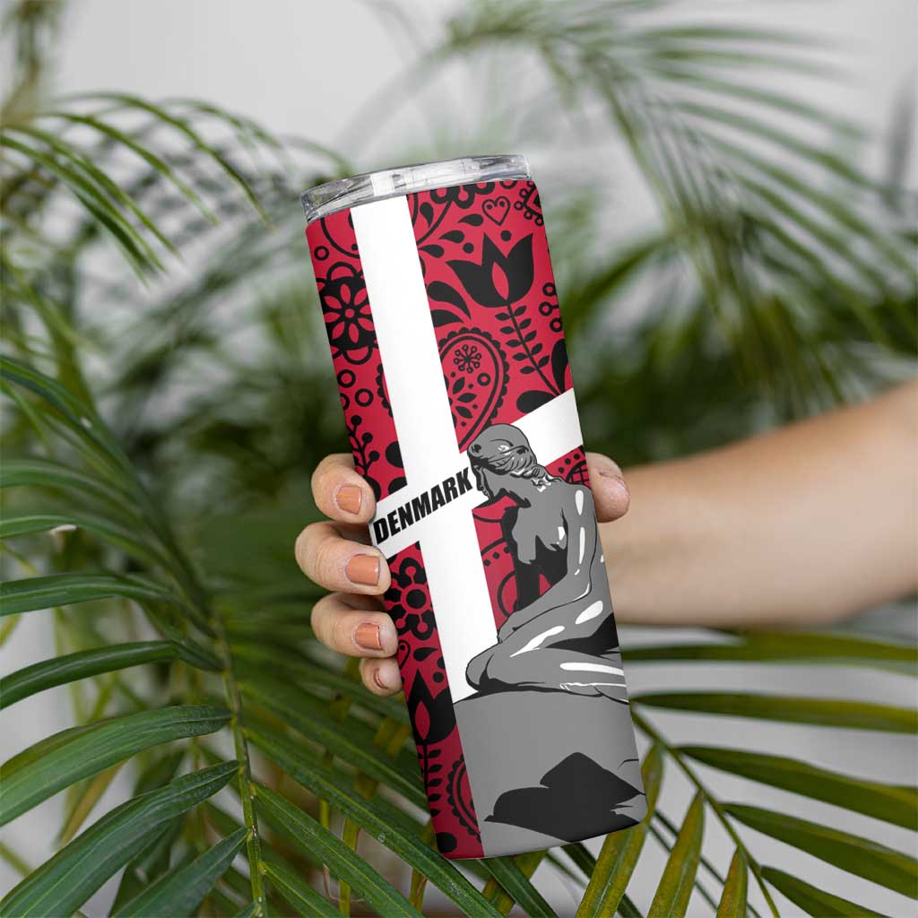 Denmark Skinny Tumbler with The Little Mermaid Statue, Danish Folk Patterns, National Heritage Pride