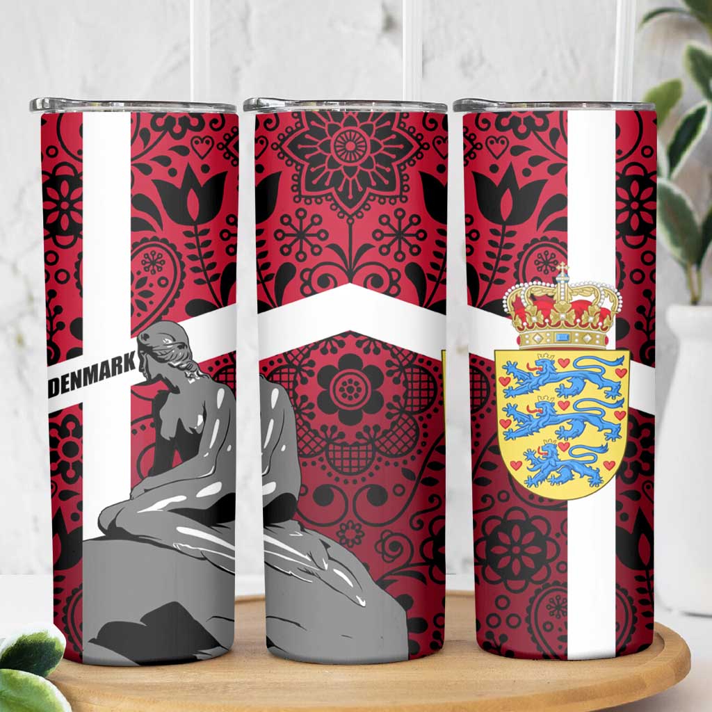 Denmark Skinny Tumbler with The Little Mermaid Statue, Danish Folk Patterns, National Heritage Pride