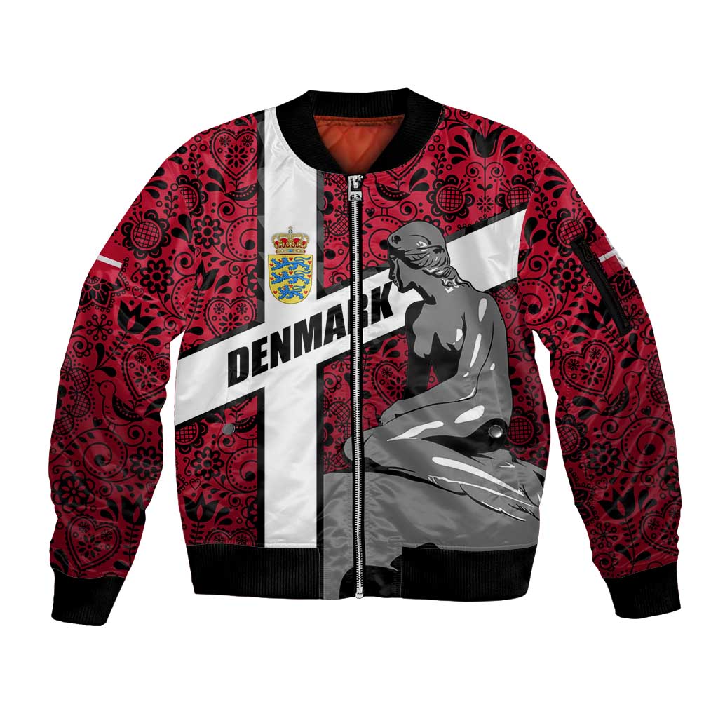 Denmark Sleeve Zip Bomber Jacket with The Little Mermaid Statue, Danish Folk Patterns, National Heritage Pride