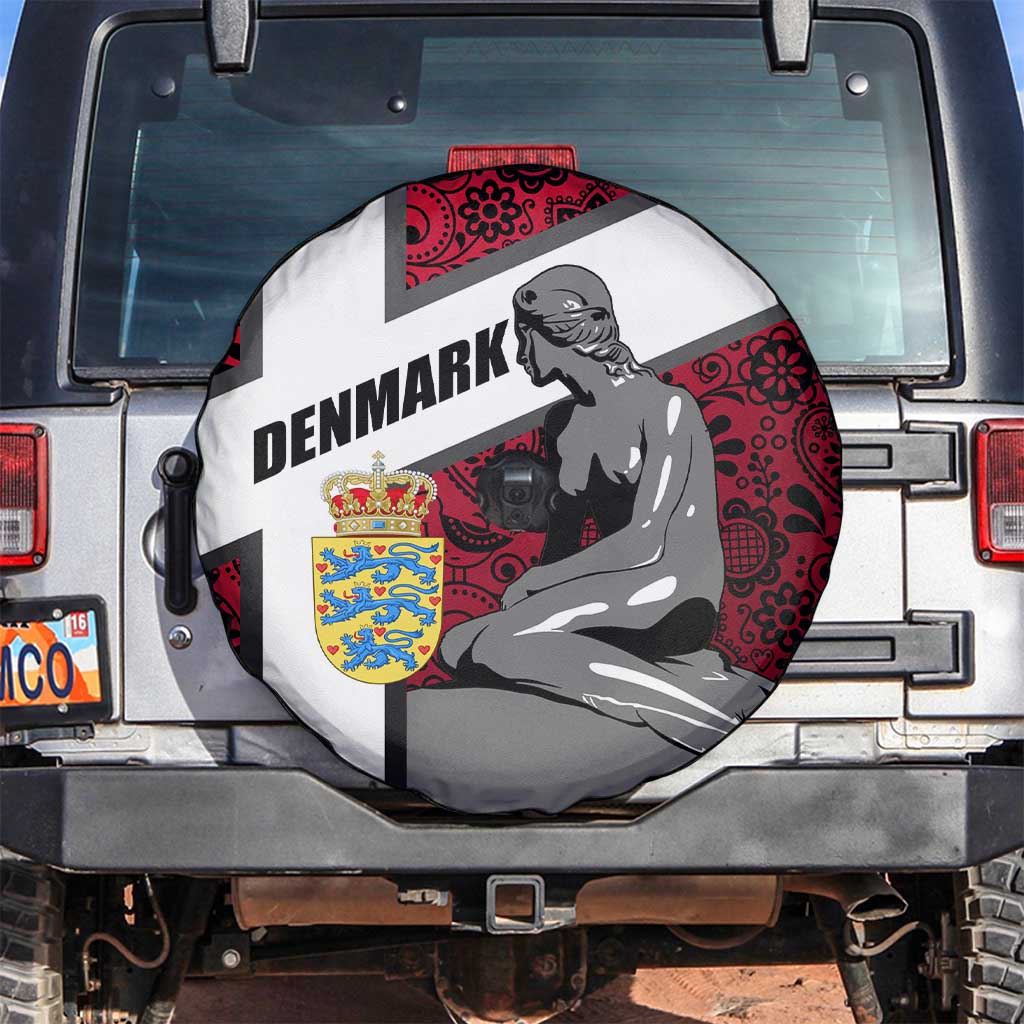 Denmark Spare Tire Cover with The Little Mermaid Statue, Danish Folk Patterns, National Heritage Pride