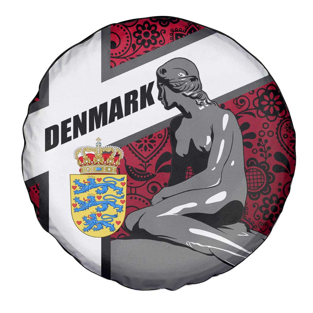 Denmark Spare Tire Cover with The Little Mermaid Statue, Danish Folk Patterns, National Heritage Pride