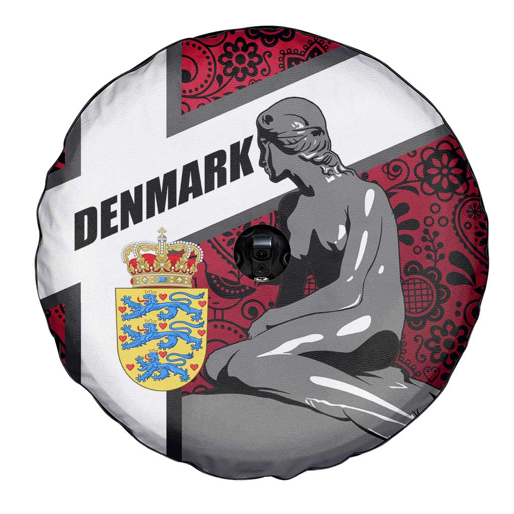 Denmark Spare Tire Cover with The Little Mermaid Statue, Danish Folk Patterns, National Heritage Pride