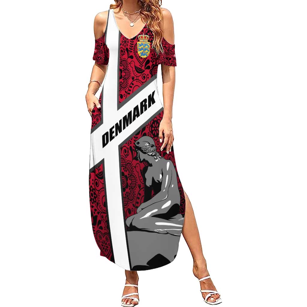 Denmark Summer Maxi Dress with The Little Mermaid Statue, Danish Folk Patterns, National Heritage Pride