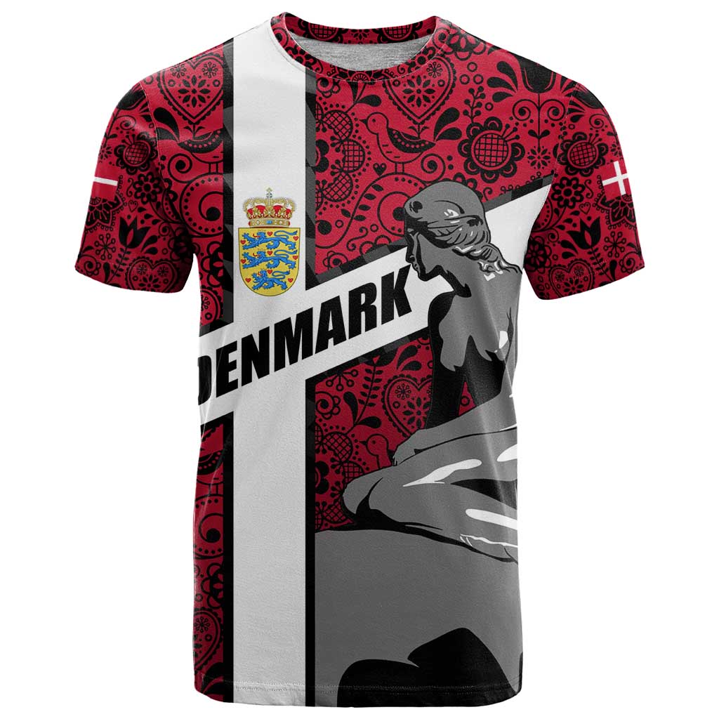 Denmark T Shirt with The Little Mermaid Statue, Danish Folk Patterns, National Heritage Pride
