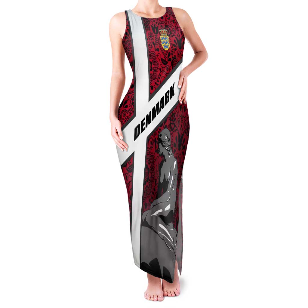 Denmark Tank Maxi Dress with The Little Mermaid Statue, Danish Folk Patterns, National Heritage Pride