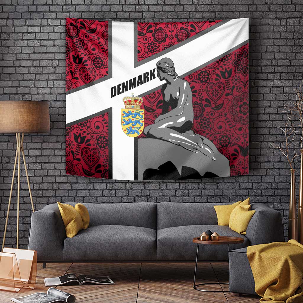 Denmark Tapestry with The Little Mermaid Statue, Danish Folk Patterns, National Heritage Pride