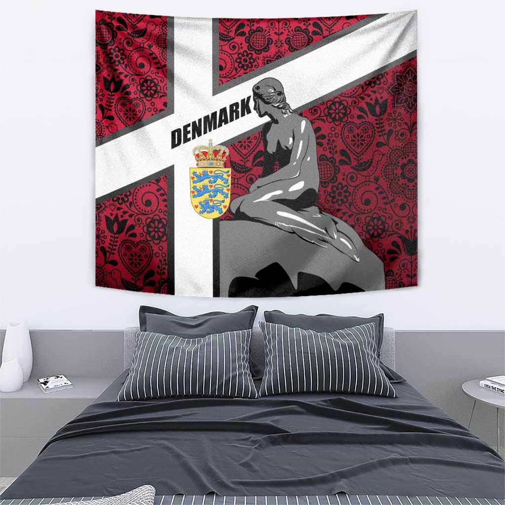 Denmark Tapestry with The Little Mermaid Statue, Danish Folk Patterns, National Heritage Pride