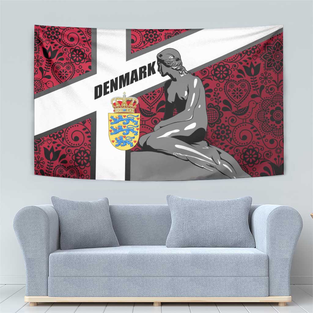Denmark Tapestry with The Little Mermaid Statue, Danish Folk Patterns, National Heritage Pride