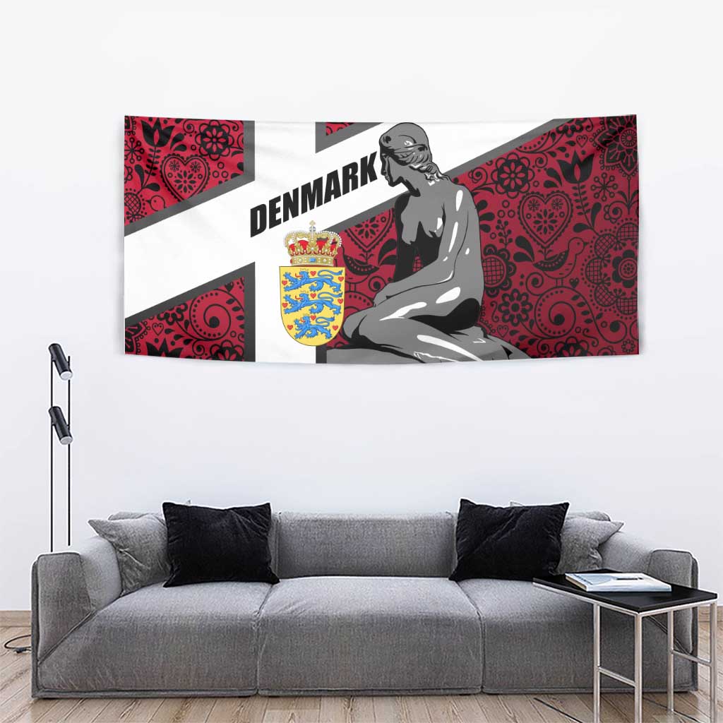 Denmark Tapestry with The Little Mermaid Statue, Danish Folk Patterns, National Heritage Pride
