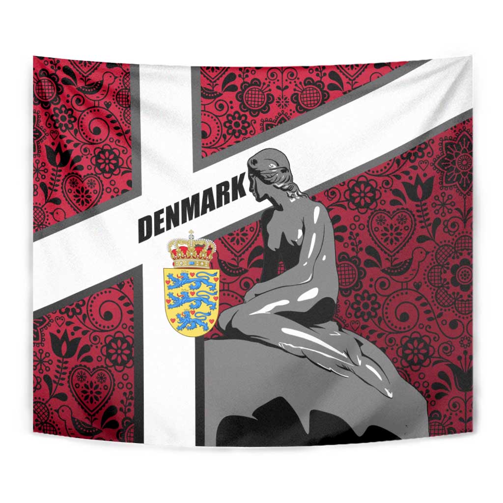 Denmark Tapestry with The Little Mermaid Statue, Danish Folk Patterns, National Heritage Pride