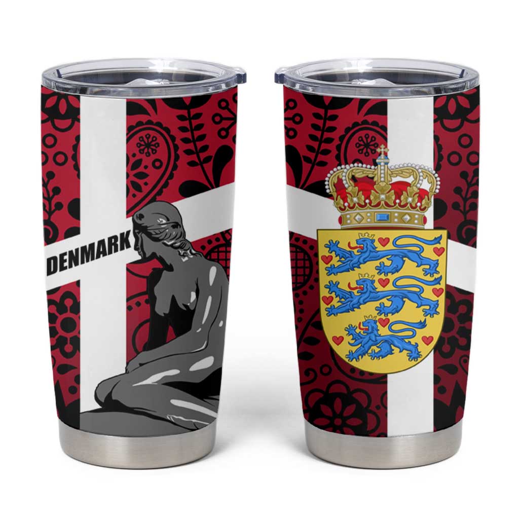 Denmark Tumbler Cup with The Little Mermaid Statue, Danish Folk Patterns, National Heritage Pride