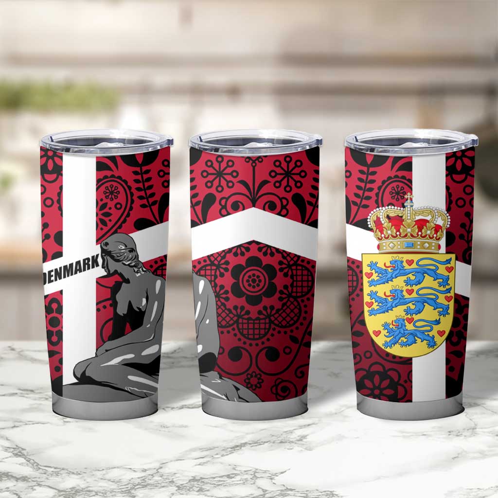 Denmark Tumbler Cup with The Little Mermaid Statue, Danish Folk Patterns, National Heritage Pride