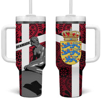 Denmark Tumbler With Handle with The Little Mermaid Statue, Danish Folk Patterns, National Heritage Pride