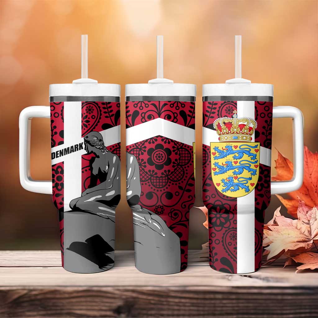 Denmark Tumbler With Handle with The Little Mermaid Statue, Danish Folk Patterns, National Heritage Pride