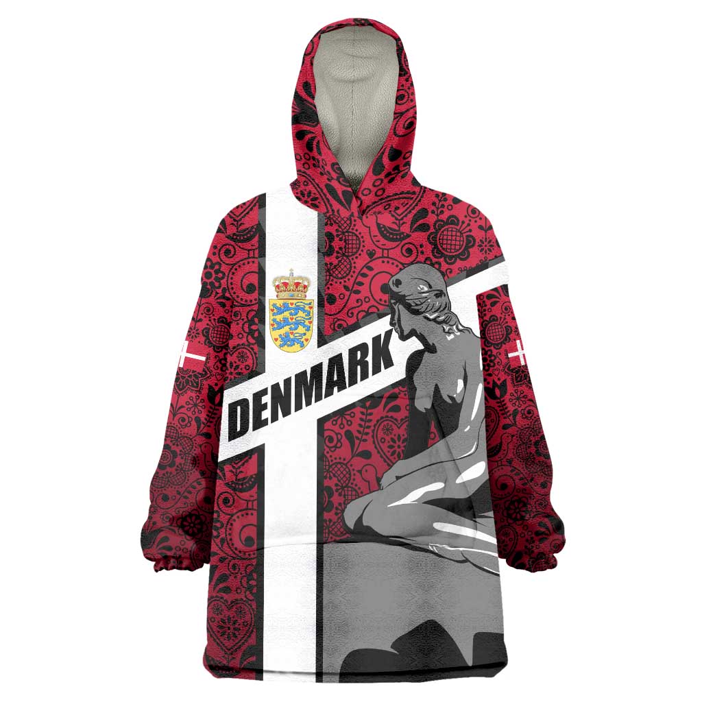 Denmark Wearable Blanket Hoodie with The Little Mermaid Statue, Danish Folk Patterns, National Heritage Pride