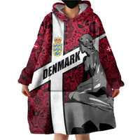 Denmark Wearable Blanket Hoodie with The Little Mermaid Statue, Danish Folk Patterns, National Heritage Pride
