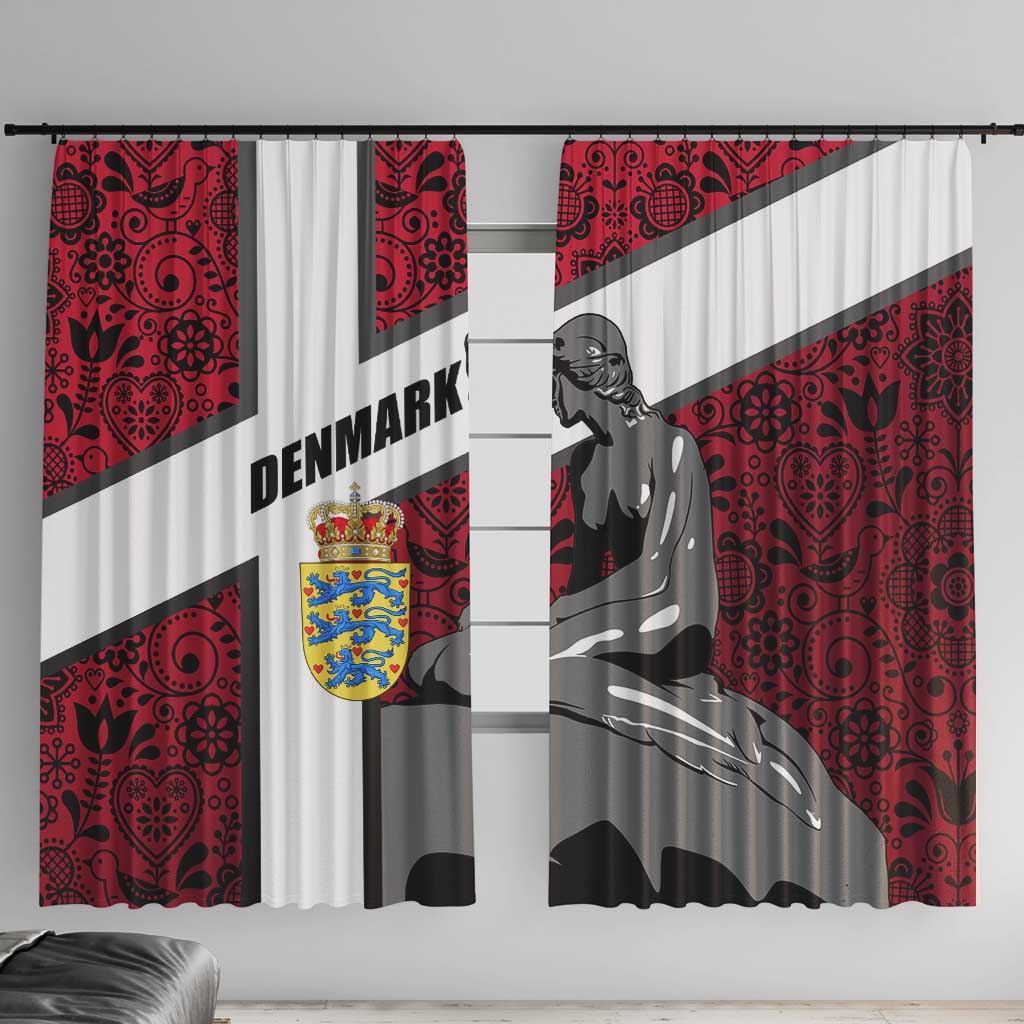 Denmark Window Curtain with The Little Mermaid Statue, Danish Folk Patterns, National Heritage Pride