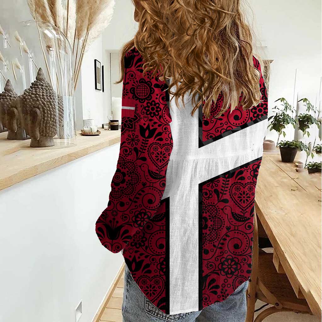 Denmark Women Casual Shirt with The Little Mermaid Statue, Danish Folk Patterns, National Heritage Pride