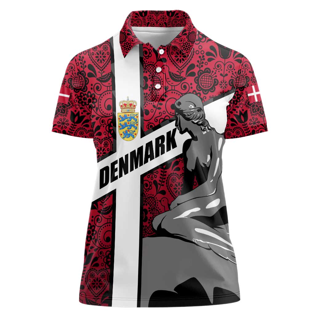 Denmark Women Polo Shirt with The Little Mermaid Statue, Danish Folk Patterns, National Heritage Pride
