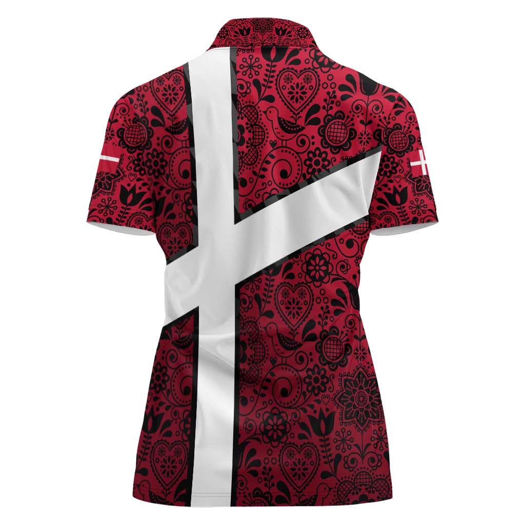 Denmark Women Polo Shirt with The Little Mermaid Statue, Danish Folk Patterns, National Heritage Pride