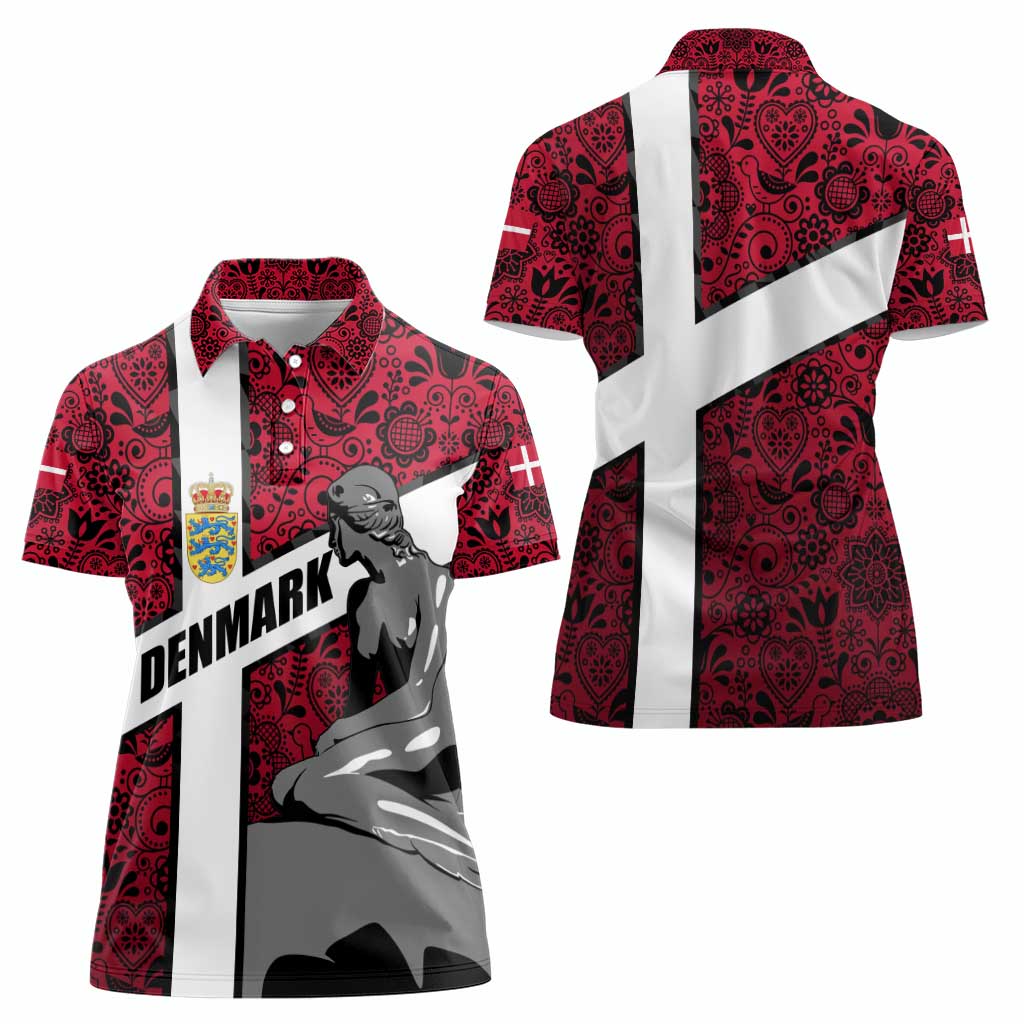 Denmark Women Polo Shirt with The Little Mermaid Statue, Danish Folk Patterns, National Heritage Pride