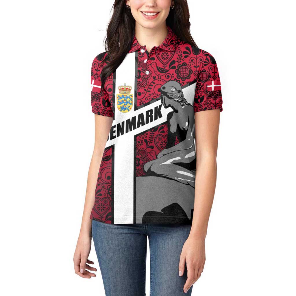 Denmark Women Polo Shirt with The Little Mermaid Statue, Danish Folk Patterns, National Heritage Pride