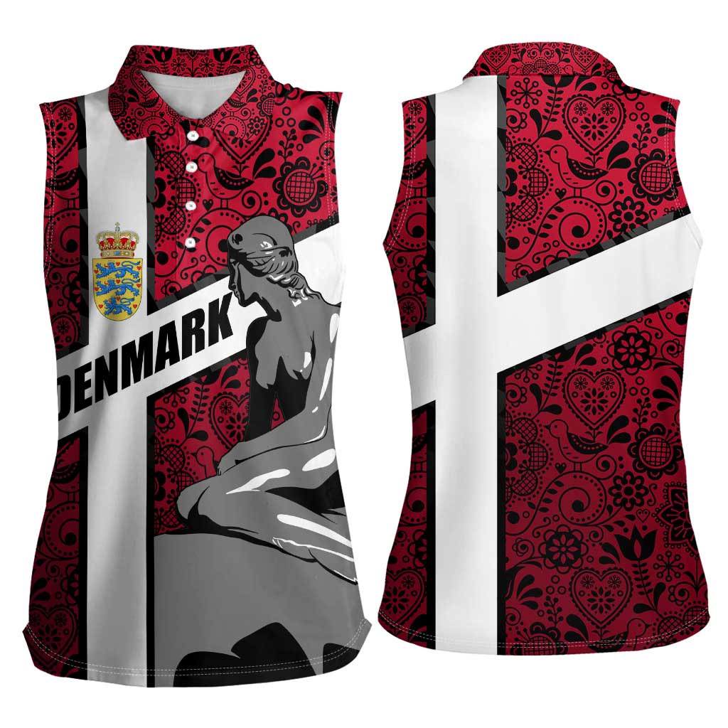 Denmark Women Sleeveless Polo Shirt with The Little Mermaid Statue, Danish Folk Patterns, National Heritage Pride