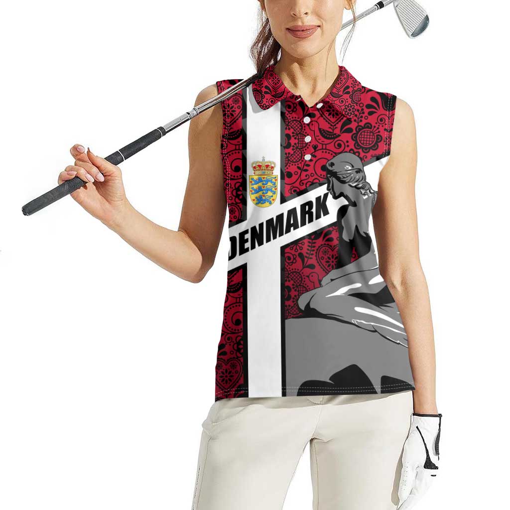 Denmark Women Sleeveless Polo Shirt with The Little Mermaid Statue, Danish Folk Patterns, National Heritage Pride