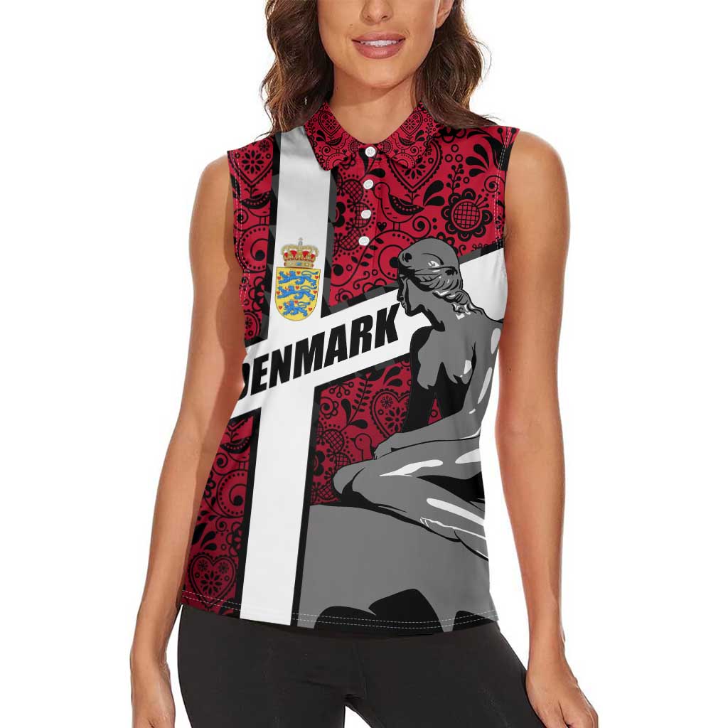 Denmark Women Sleeveless Polo Shirt with The Little Mermaid Statue, Danish Folk Patterns, National Heritage Pride