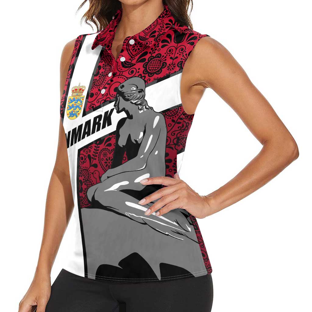 Denmark Women Sleeveless Polo Shirt with The Little Mermaid Statue, Danish Folk Patterns, National Heritage Pride