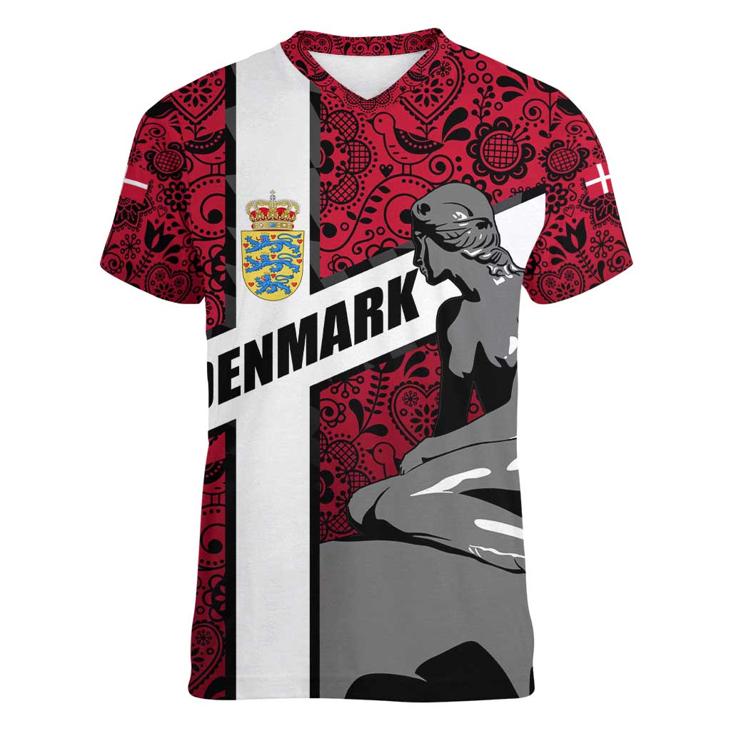 Denmark Women V-Neck T-Shirt with The Little Mermaid Statue, Danish Folk Patterns, National Heritage Pride