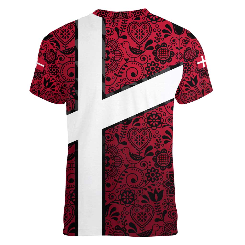 Denmark Women V-Neck T-Shirt with The Little Mermaid Statue, Danish Folk Patterns, National Heritage Pride