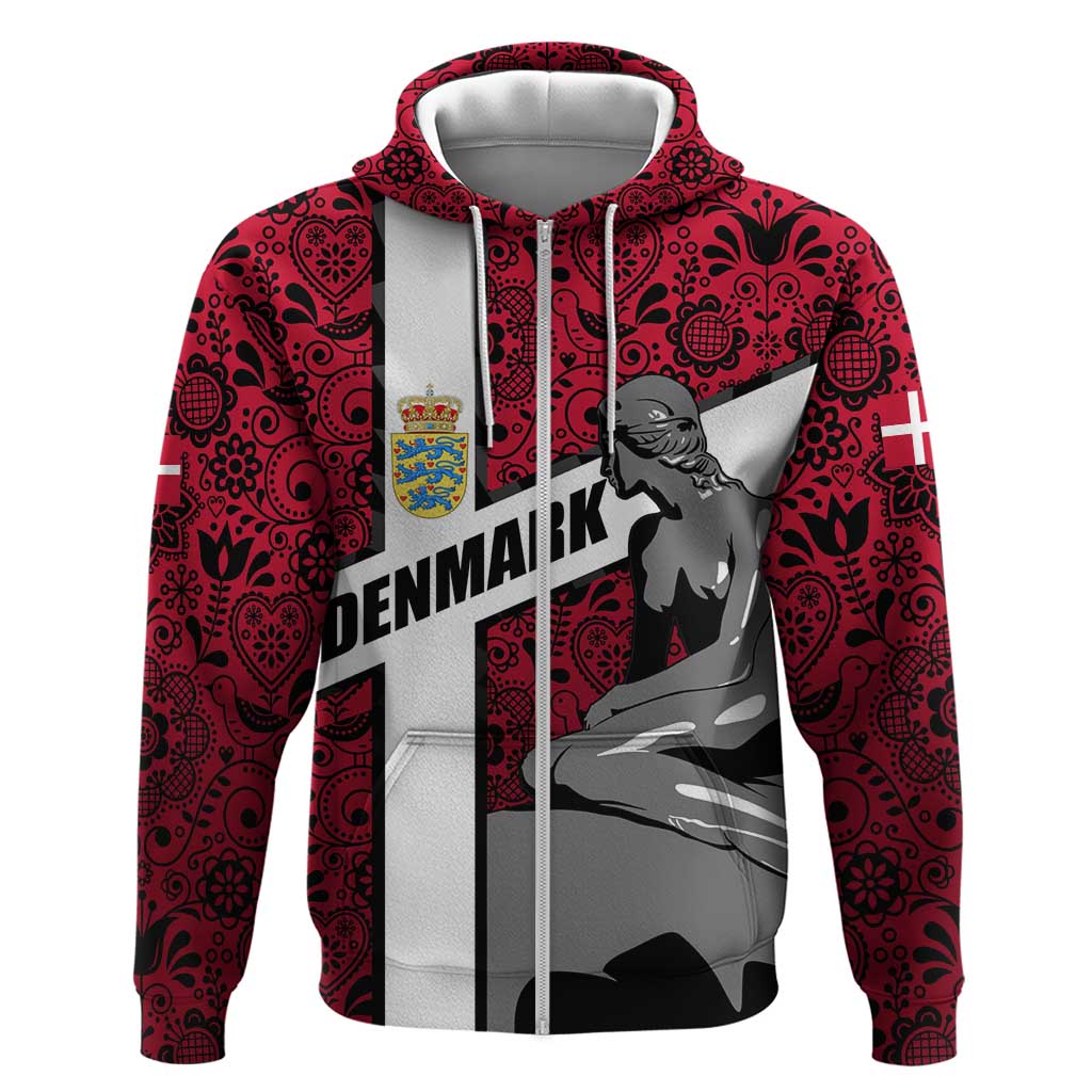 Denmark Zip Hoodie with The Little Mermaid Statue, Danish Folk Patterns, National Heritage Pride