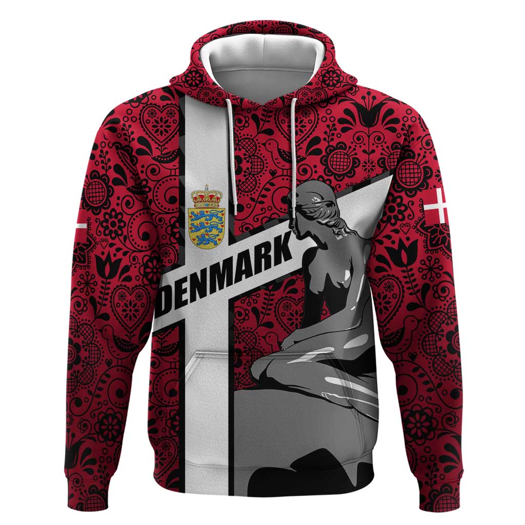 Denmark Zip Hoodie with The Little Mermaid Statue, Danish Folk Patterns, National Heritage Pride