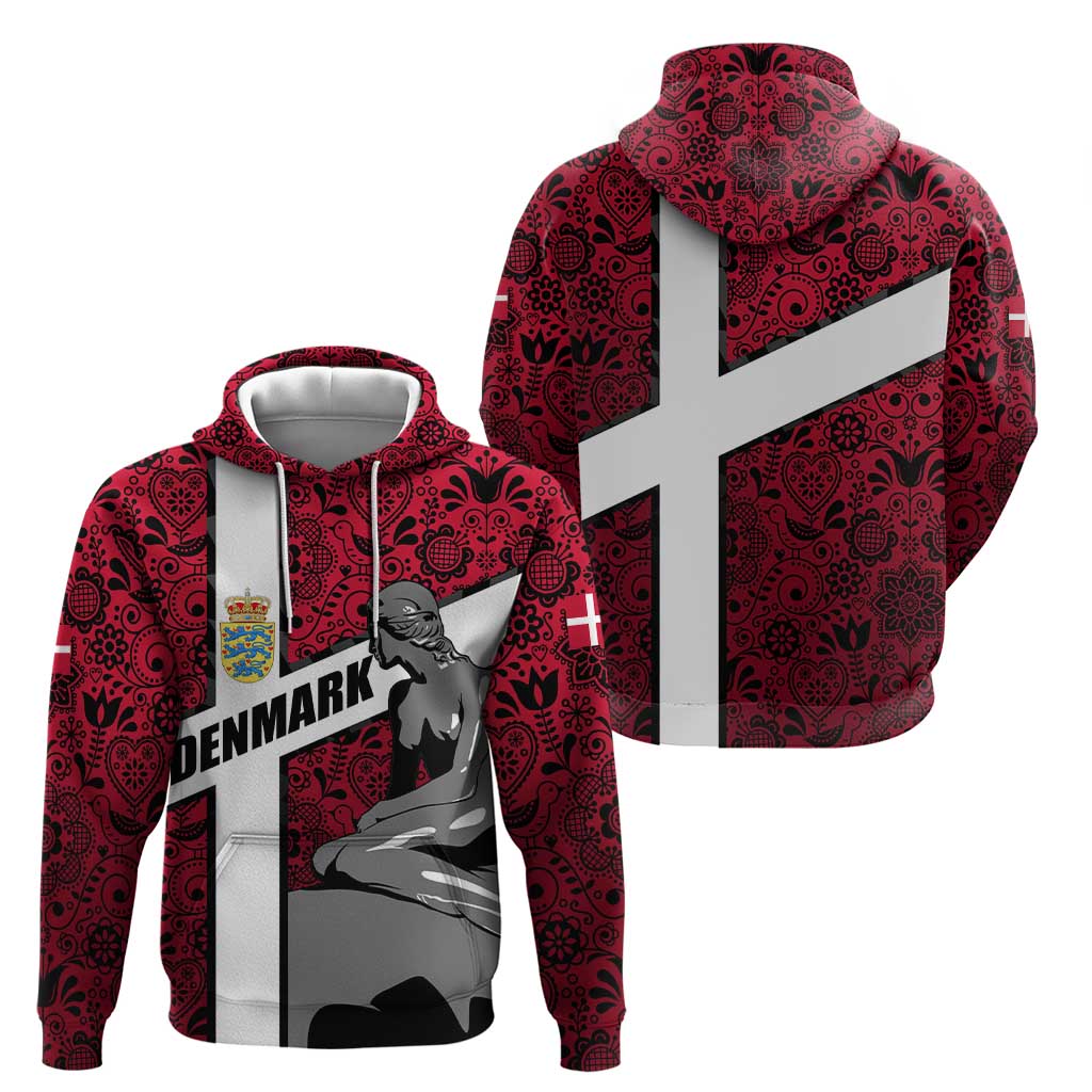 Denmark Zip Hoodie with The Little Mermaid Statue, Danish Folk Patterns, National Heritage Pride
