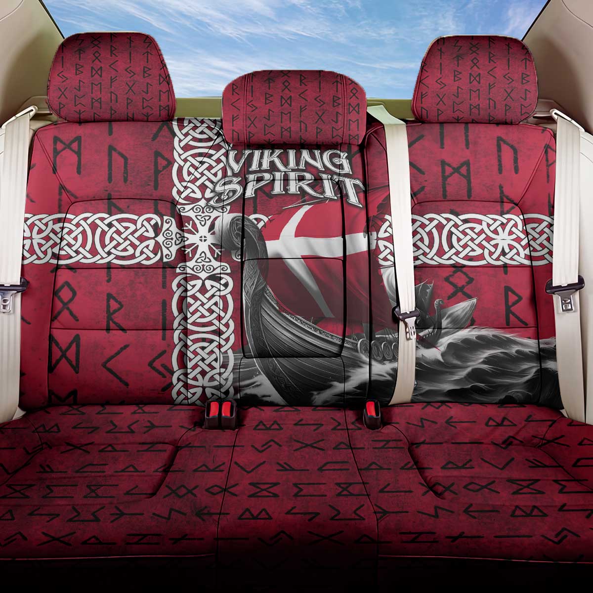 Denmark Viking Longship Back Car Seat Cover Norse Rune & Celtic Cross Danish Flag