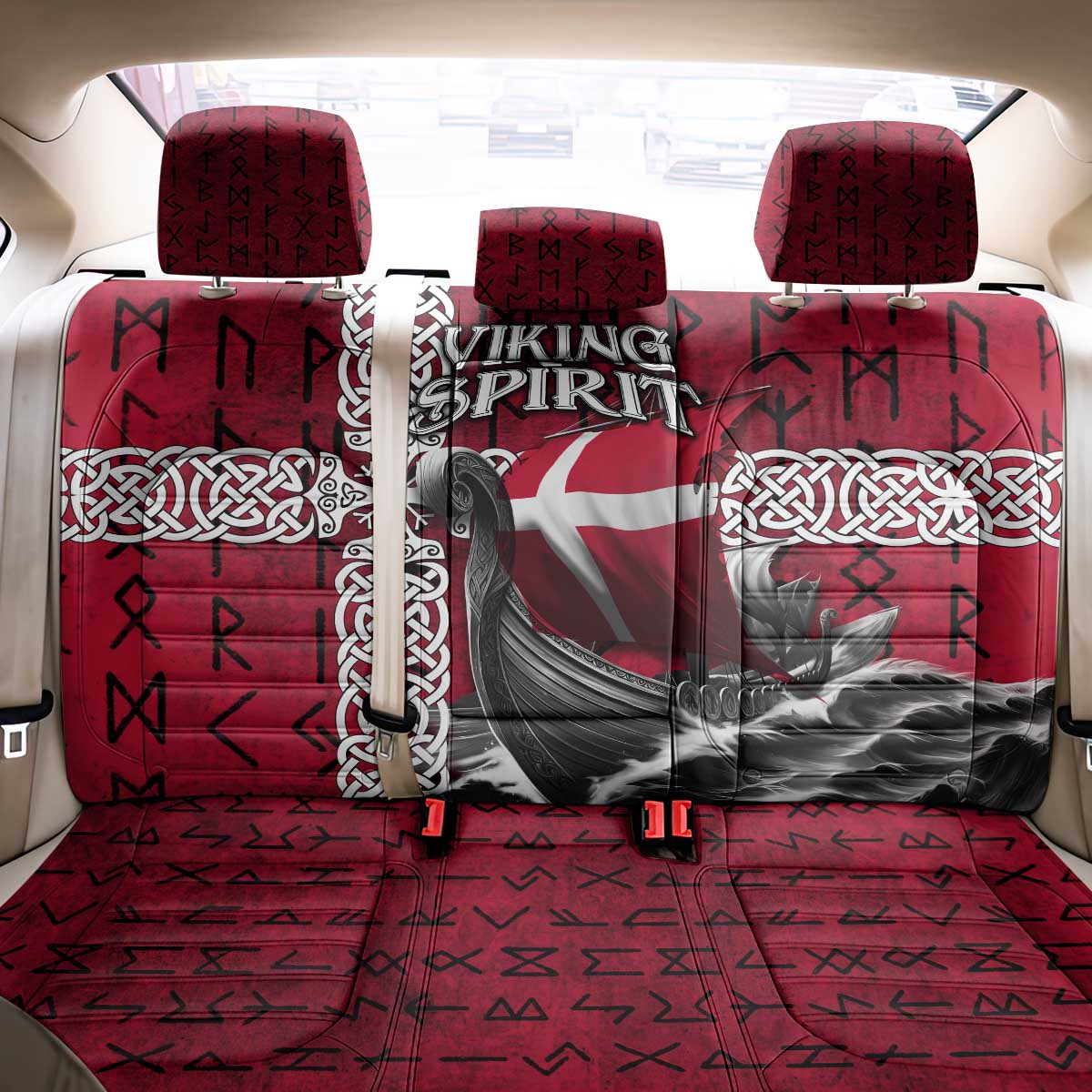 Denmark Viking Longship Back Car Seat Cover Norse Rune & Celtic Cross Danish Flag