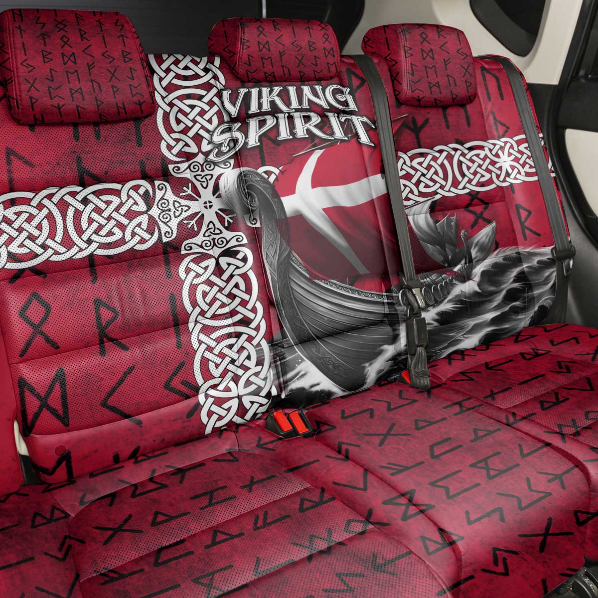 Denmark Viking Longship Back Car Seat Cover Norse Rune & Celtic Cross Danish Flag