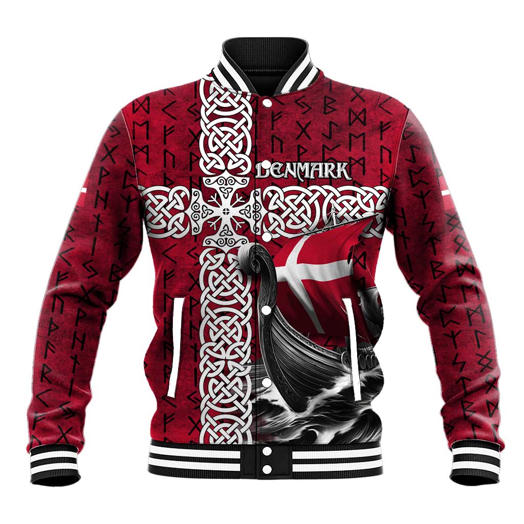 Denmark Viking Longship Baseball Jacket Norse Rune & Celtic Cross Danish Flag
