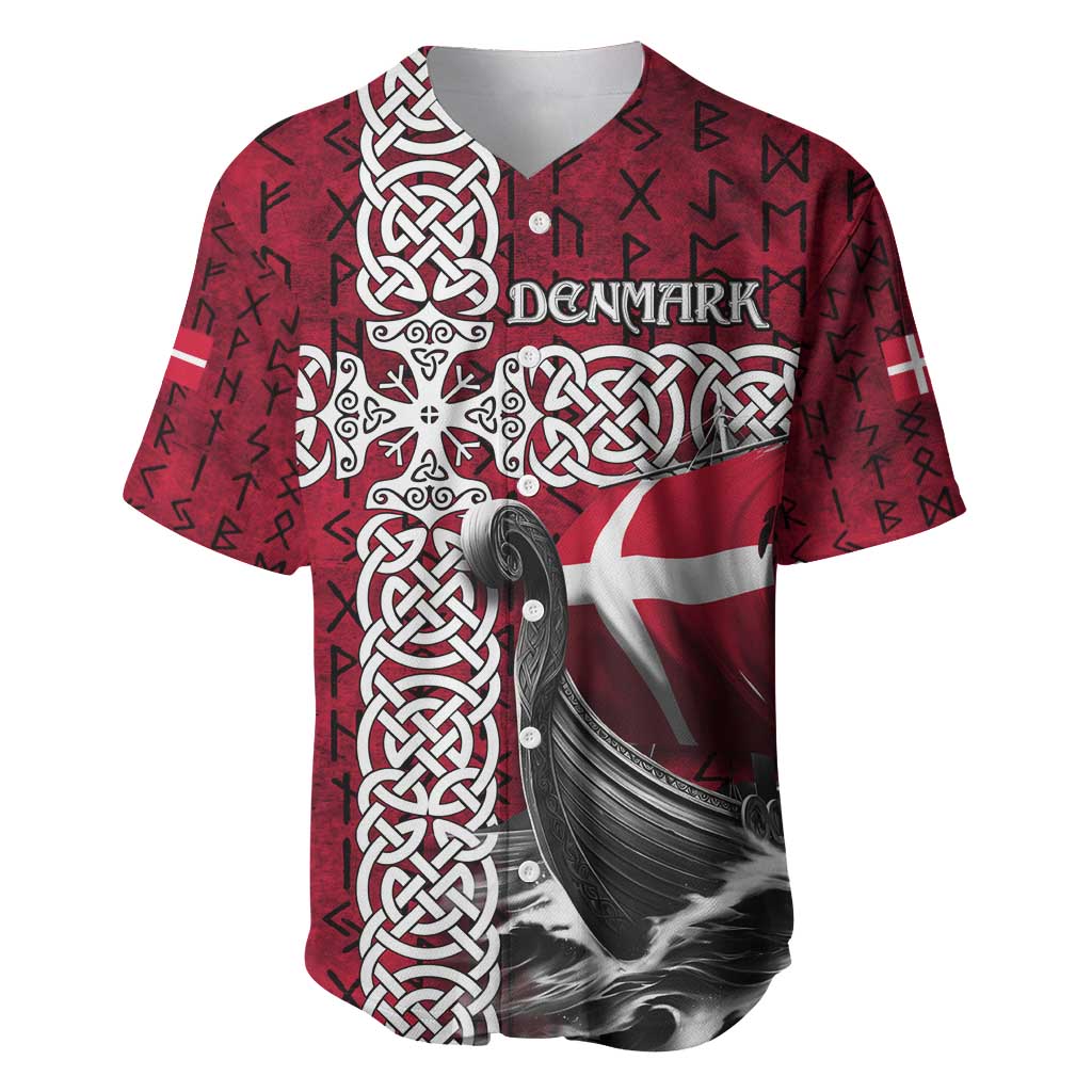 Denmark Viking Longship Baseball Jersey Norse Rune & Celtic Cross Danish Flag