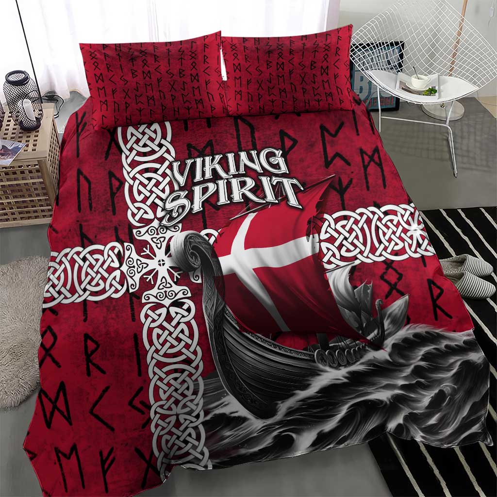 Denmark Viking Longship Bedding Set Norse Rune & Celtic Cross Danish Flag