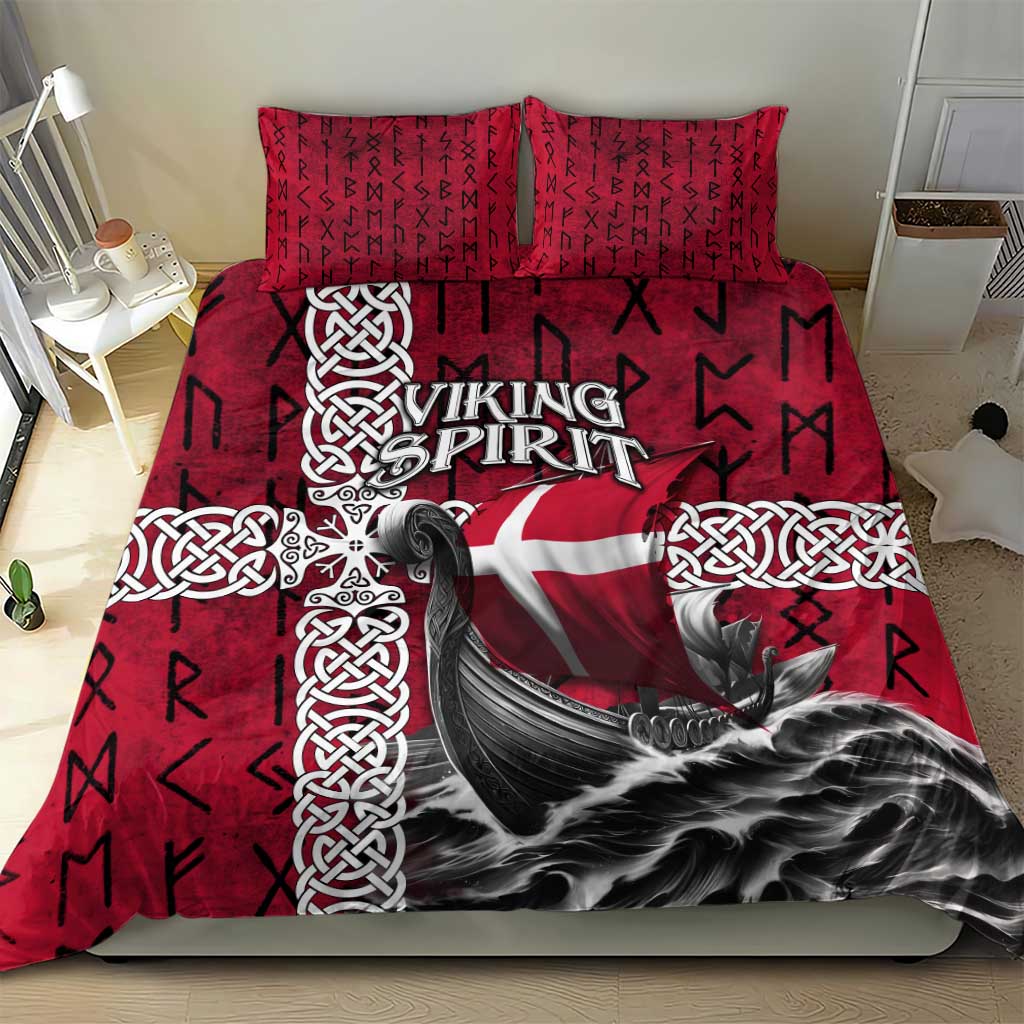 Denmark Viking Longship Bedding Set Norse Rune & Celtic Cross Danish Flag