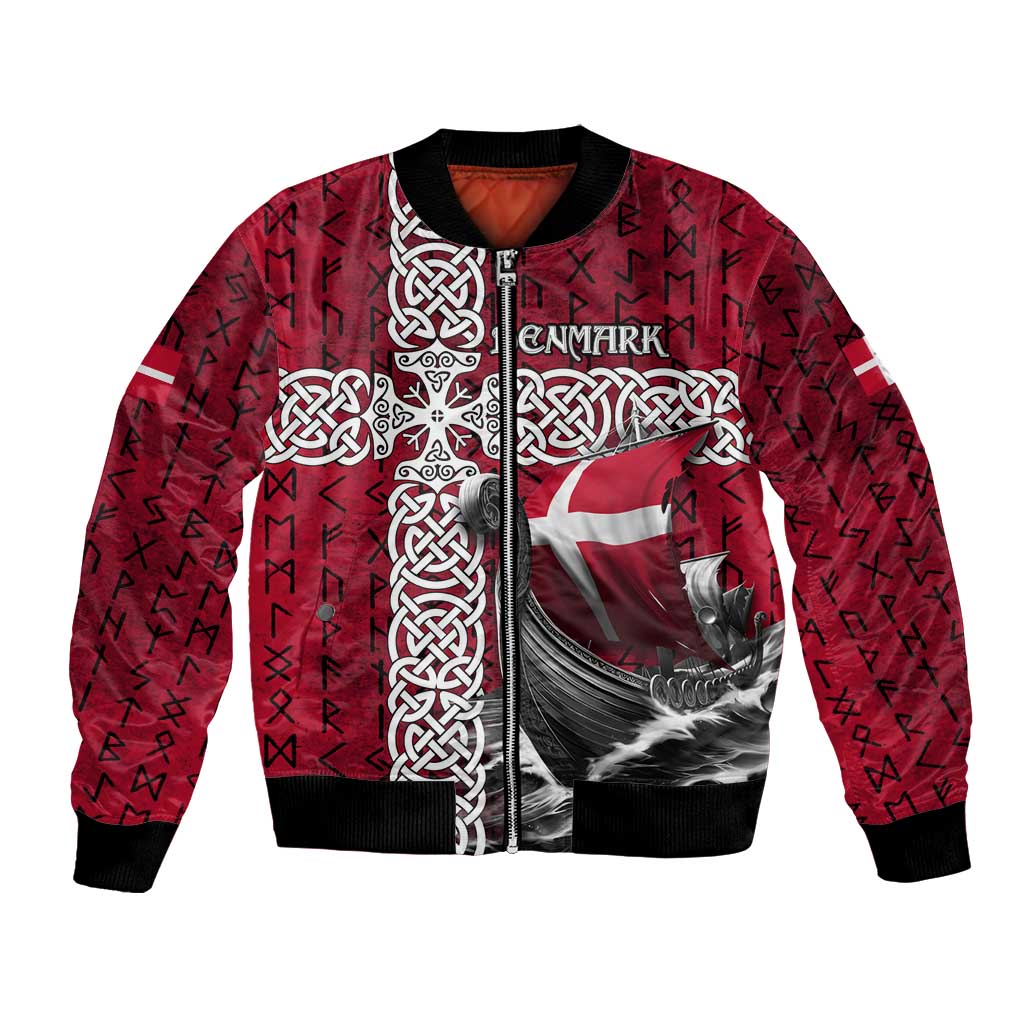 Denmark Viking Longship Bomber Jacket Norse Rune & Celtic Cross Danish Flag
