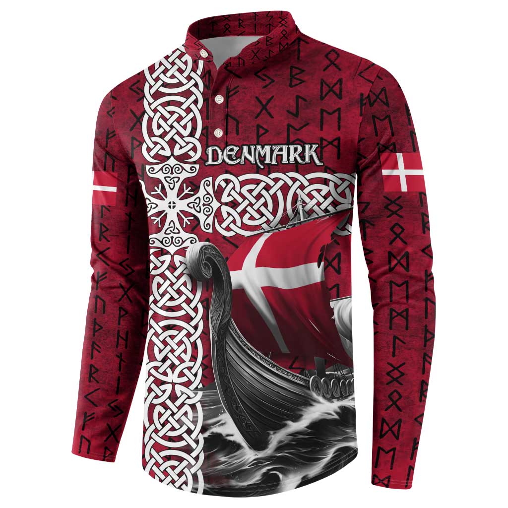 Denmark Viking Longship Button Sweatshirt Norse Rune & Celtic Cross Danish Flag
