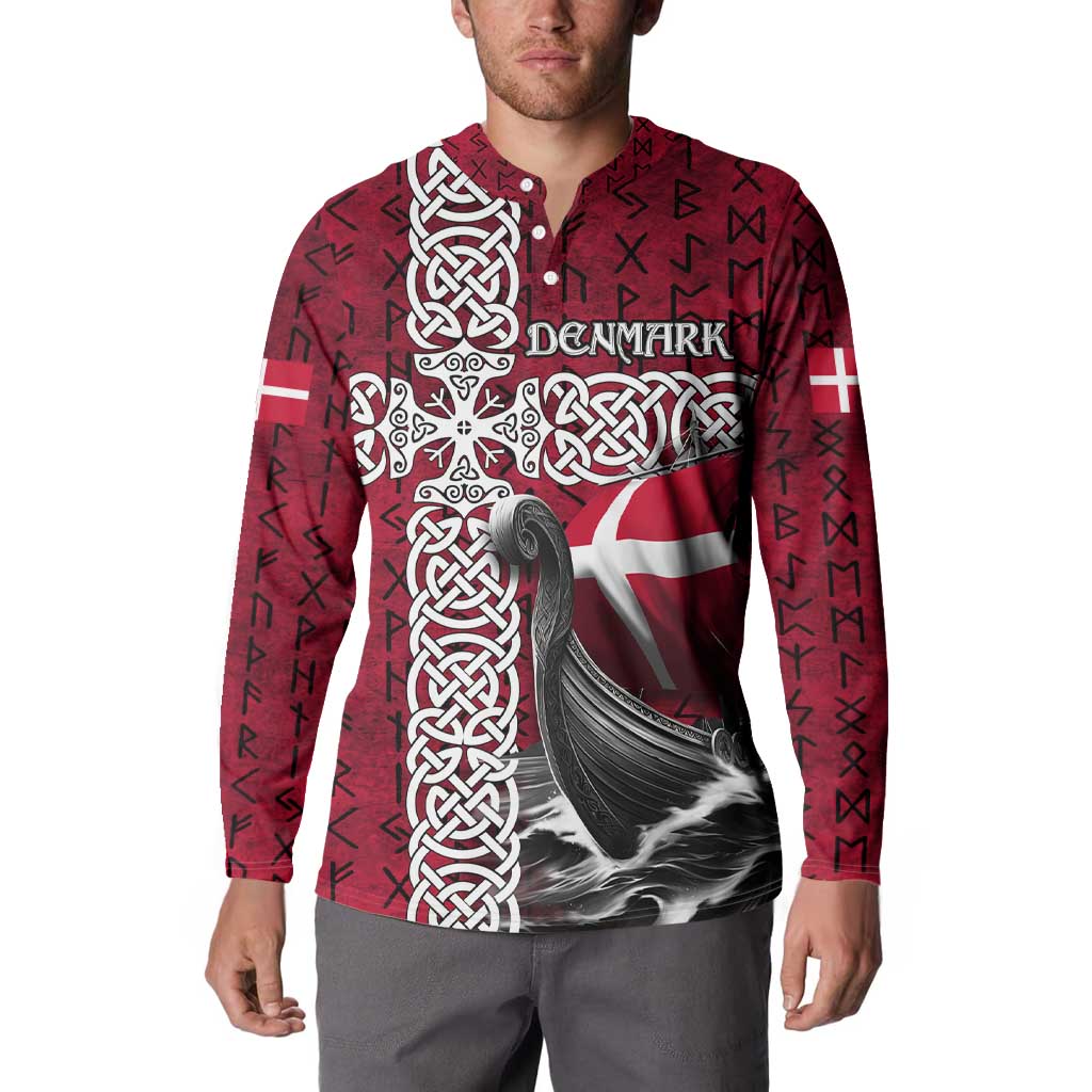 Denmark Viking Longship Button Sweatshirt Norse Rune & Celtic Cross Danish Flag