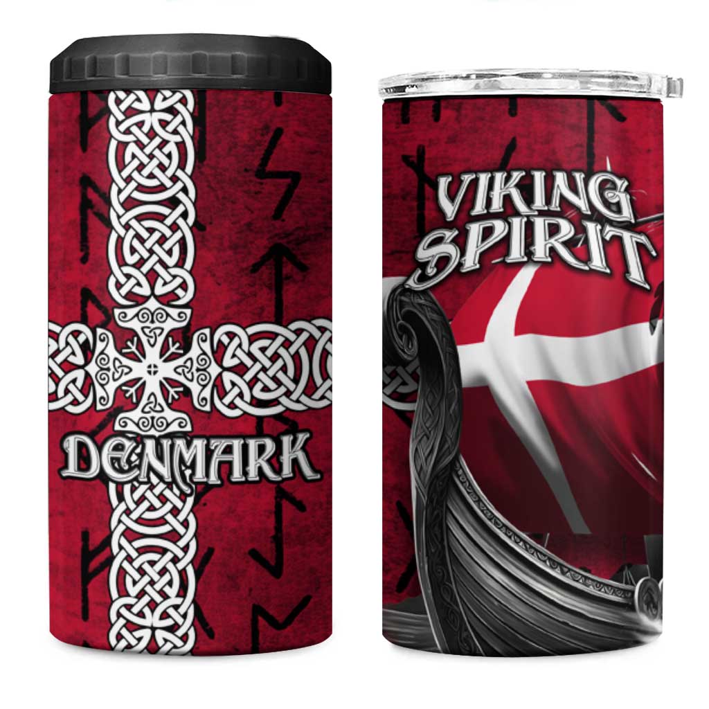 Denmark Viking Longship 4 in 1 Can Cooler Tumbler Norse Rune & Celtic Cross Danish Flag